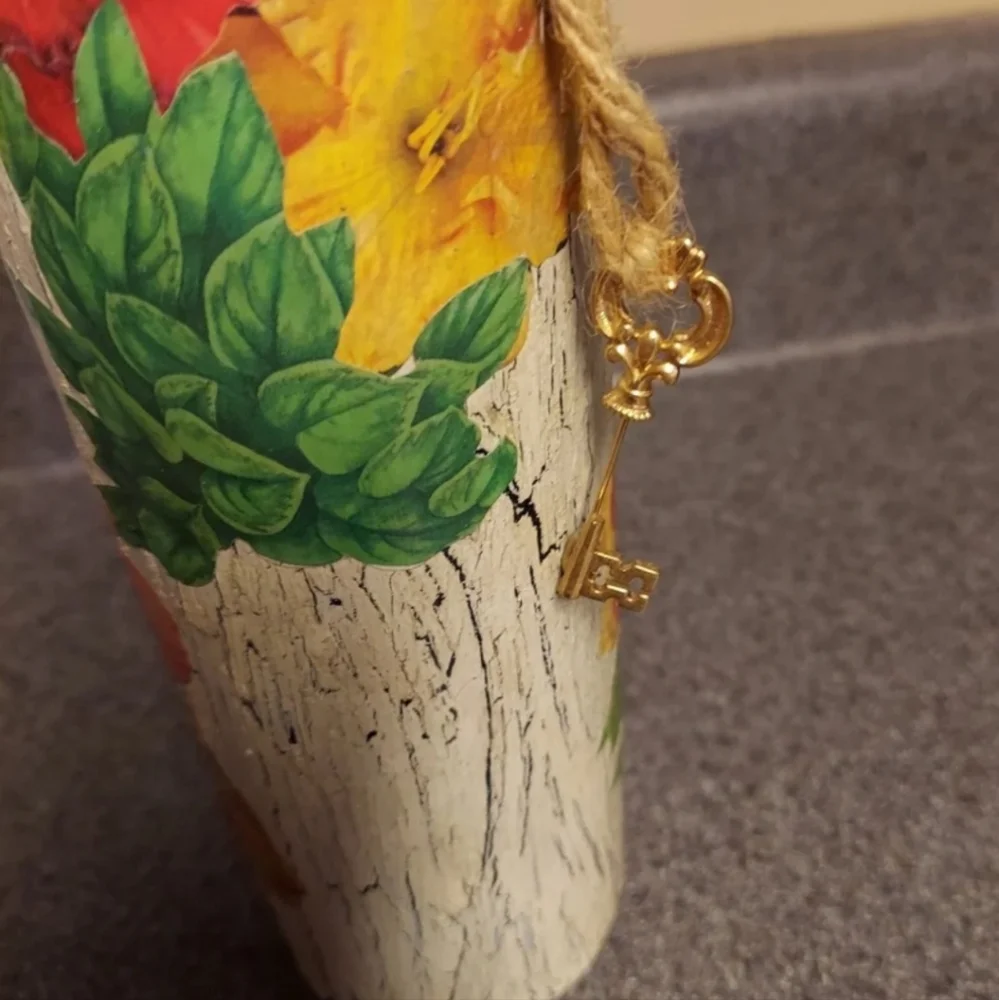 Hand Crafted Decoupage Wine Bottle Vase with Key Charm - Unique! EDC